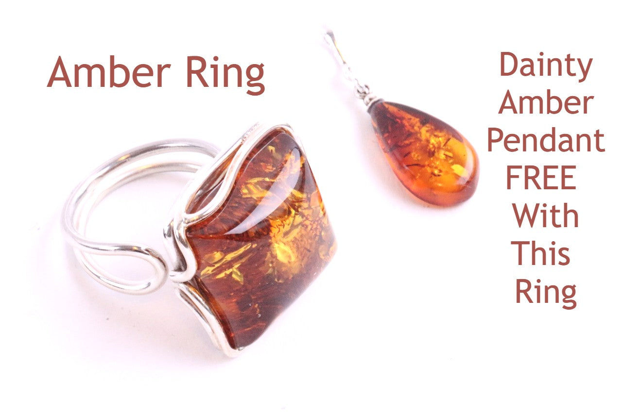 Special Reduced Price Honey Square Amber Gemstone Ring.  Free Pendant Offer.