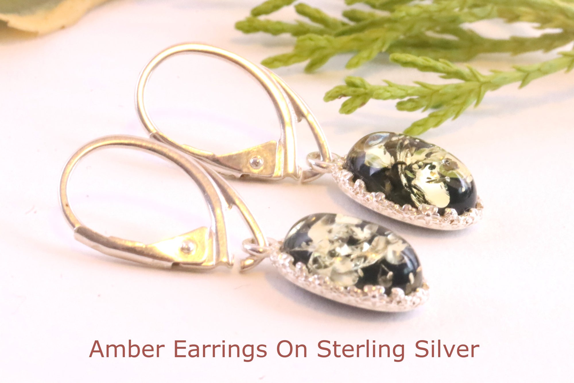 Classic Green Baltic Amber Earrings on 925 Sterling Silver