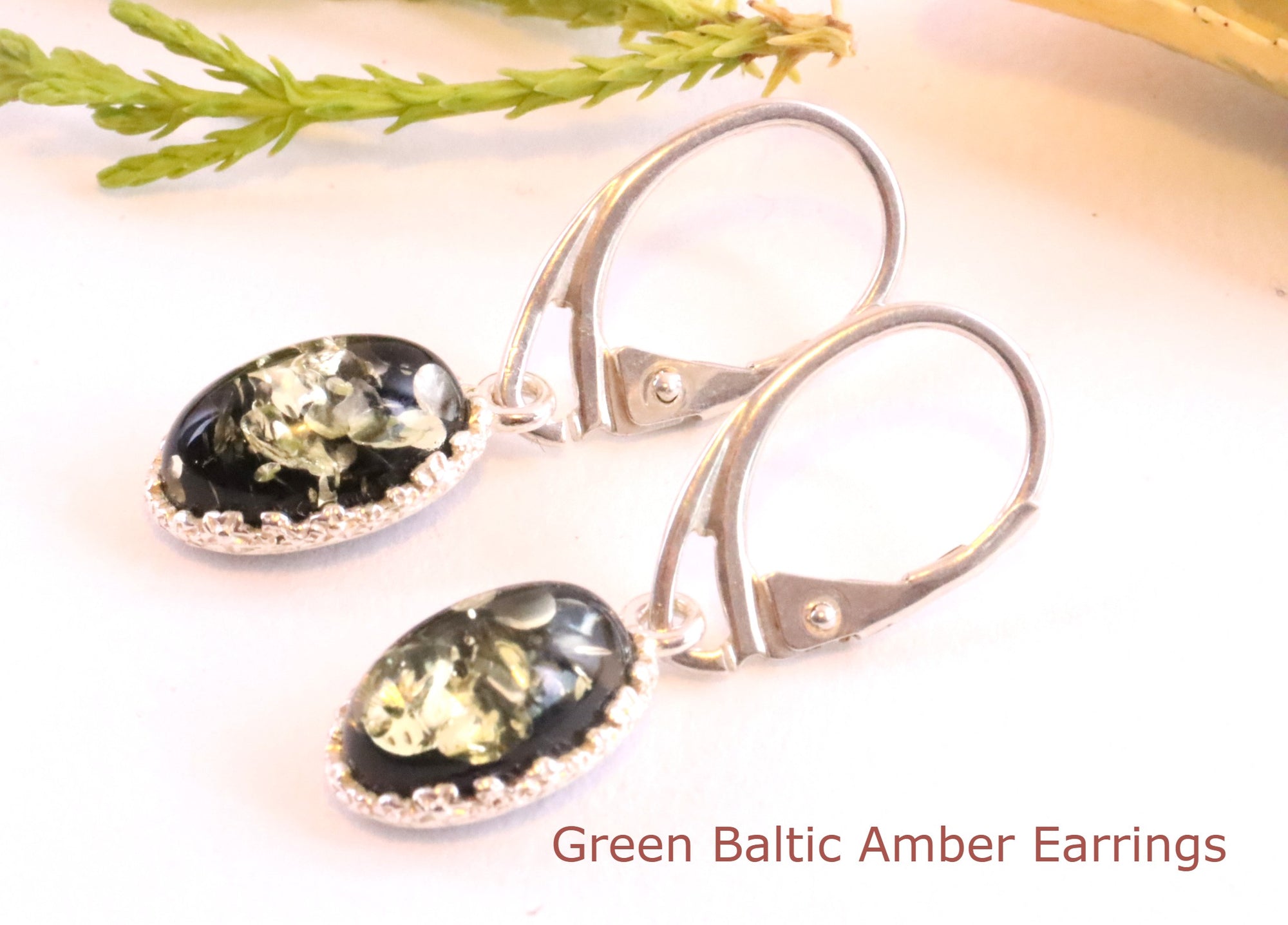 Classic Green Baltic Amber Earrings on 925 Sterling Silver