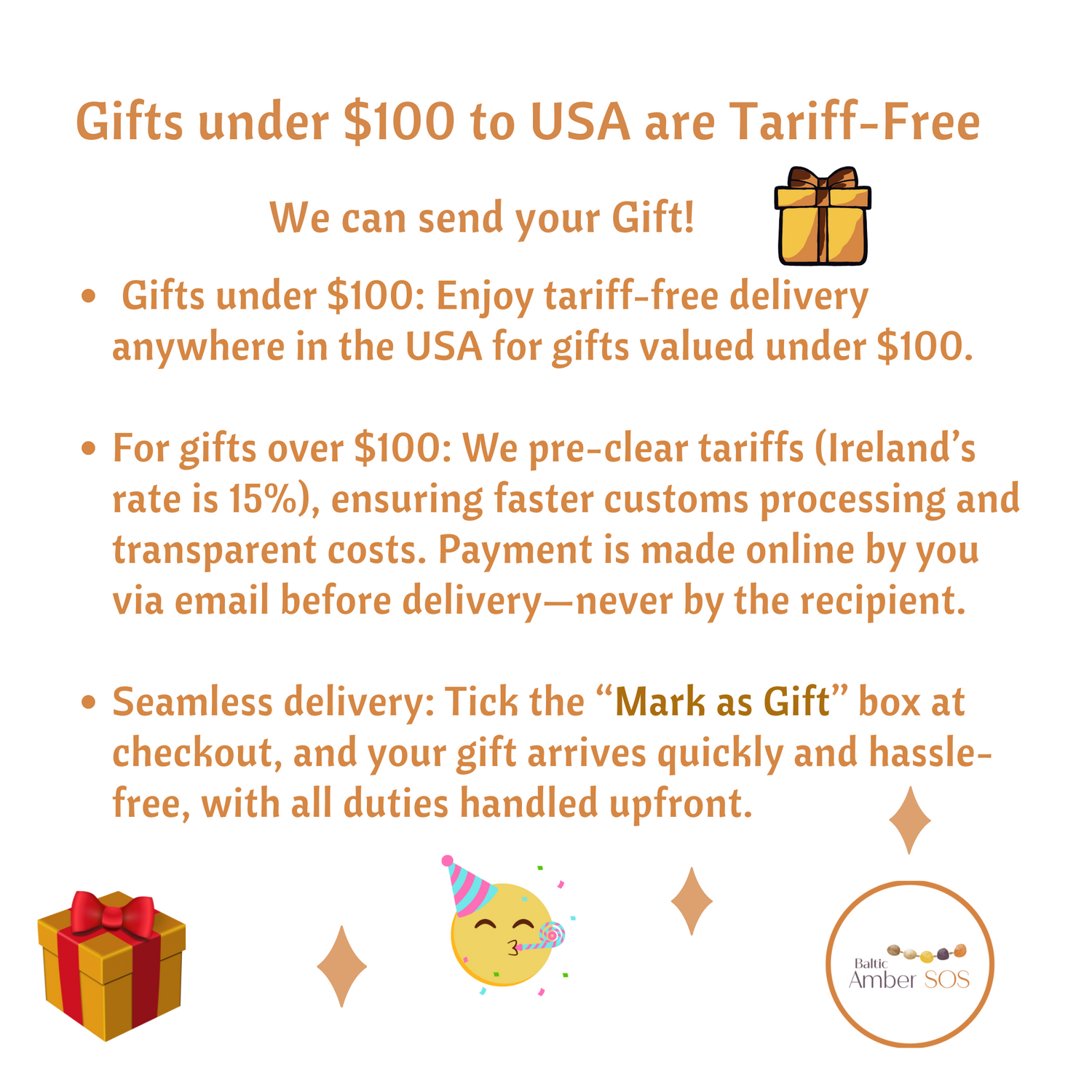 Sending to USA?  No problem.  Gifts under $100 are tariff free.