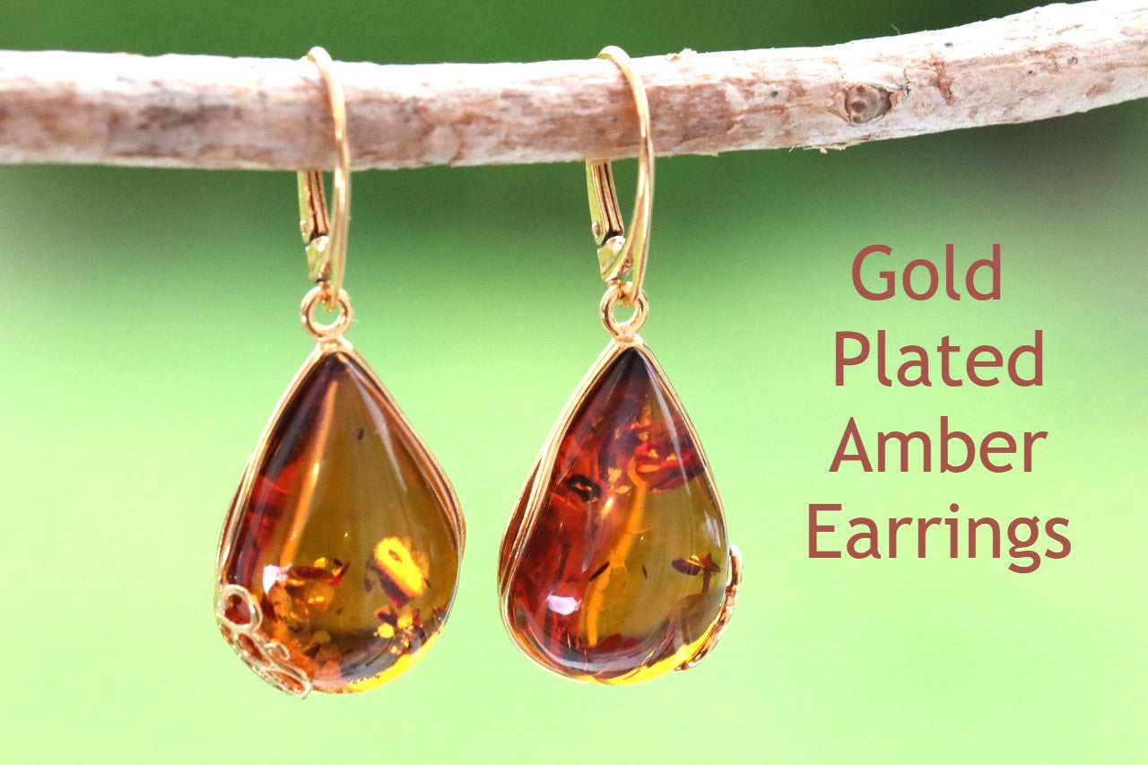 Gold Plated Teardrop Amber Earrings