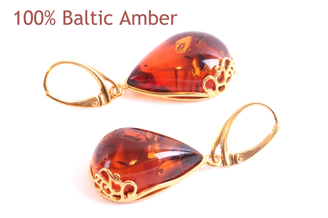 Gold Plated Teardrop Amber Earrings