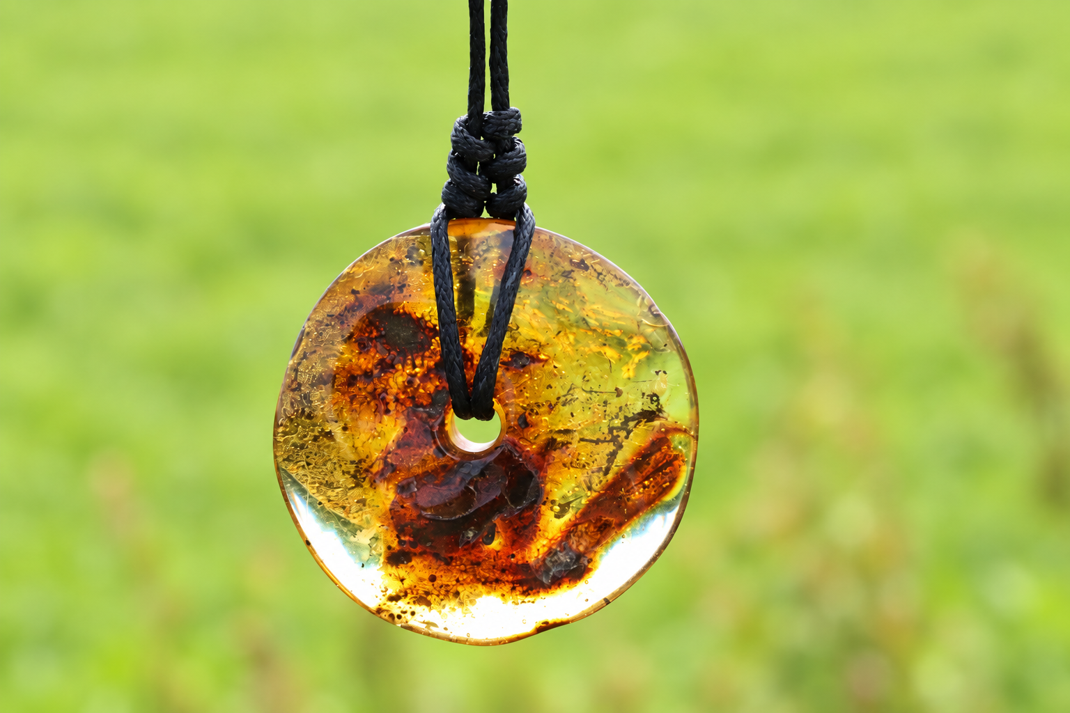 Large Natural Baltic Amber Donut Amulet Pendant with Tiny Insect Inclusion
