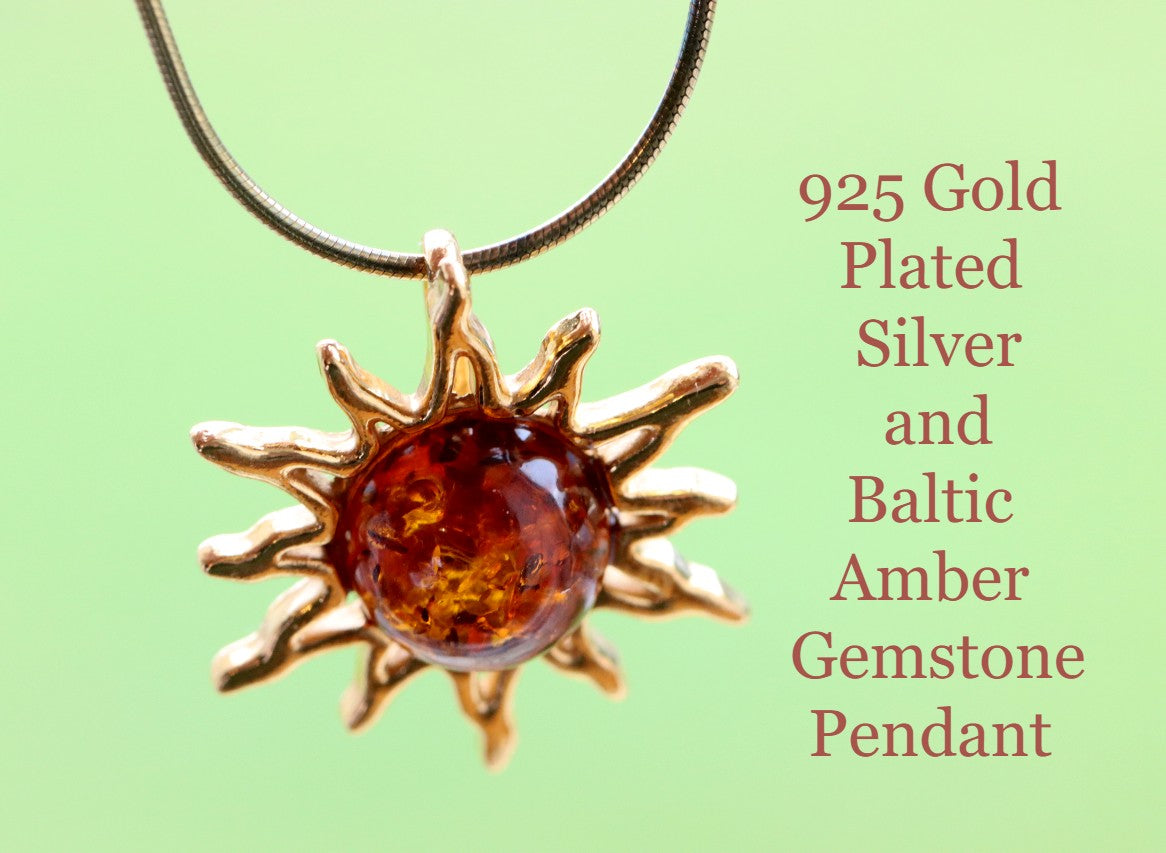 Gold Sun Pendant Golden Sun and Amber Gem from Amber SOS Amber SOS
