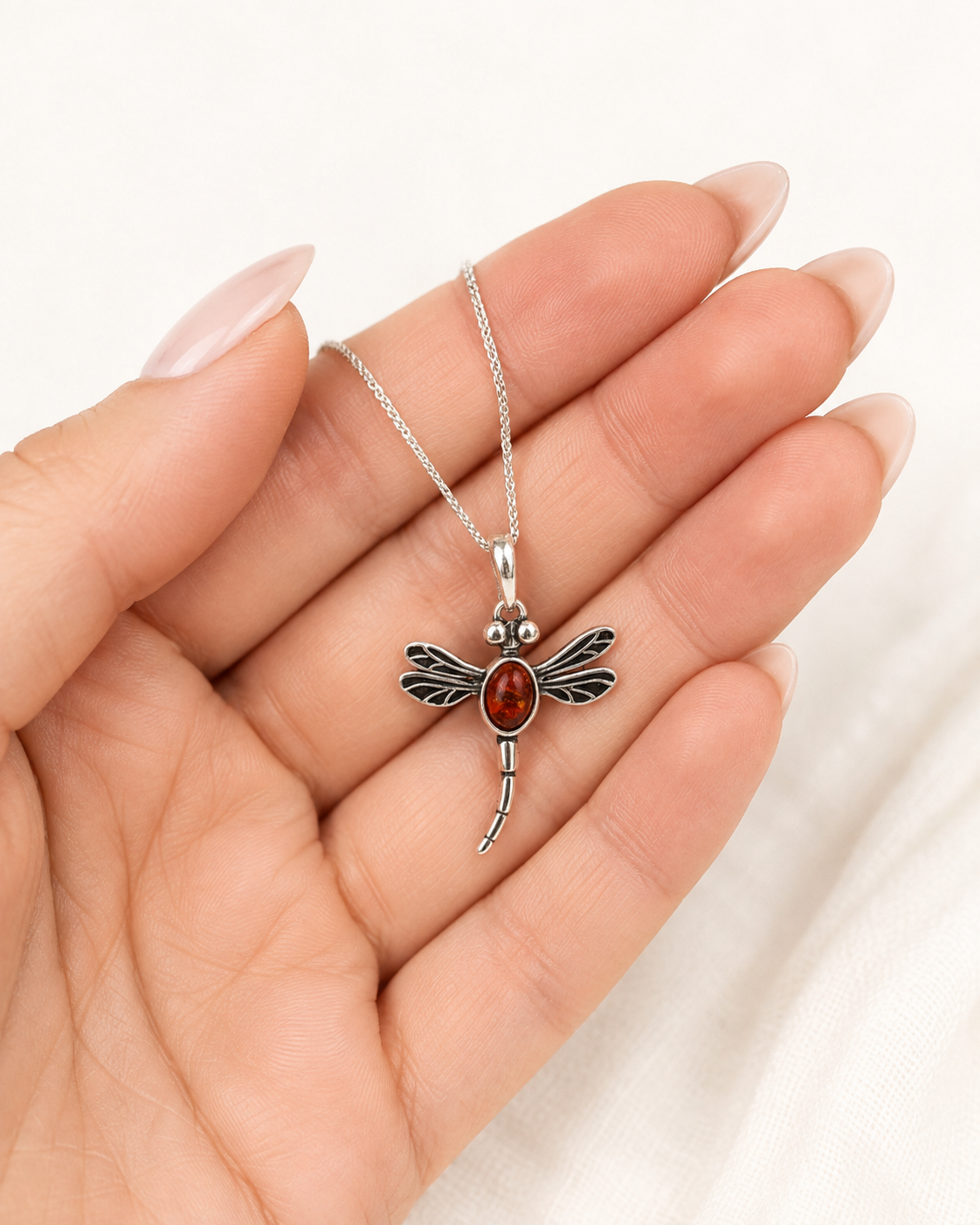 Sterling Silver Dragonfly Pendant with Baltic Amber Gem