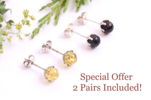 Two pairs of gold and black earrings on a white background with text 'Special Offer 2 Pairs Included!'.