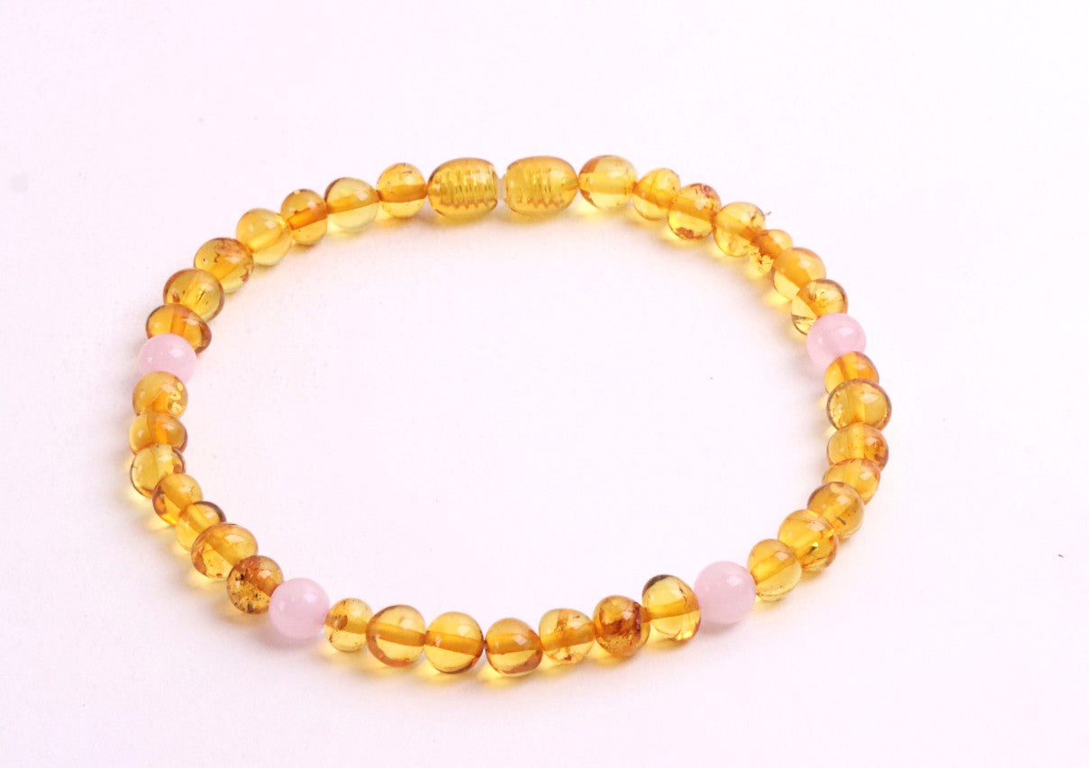 Honey Amber And Rose Quartz Anklet for Adults