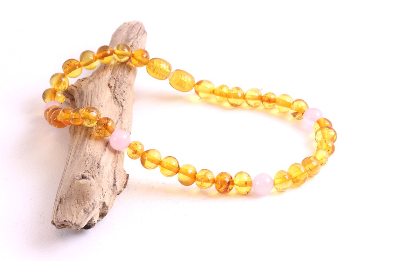 Honey Amber And Rose Quartz Anklet for Adults