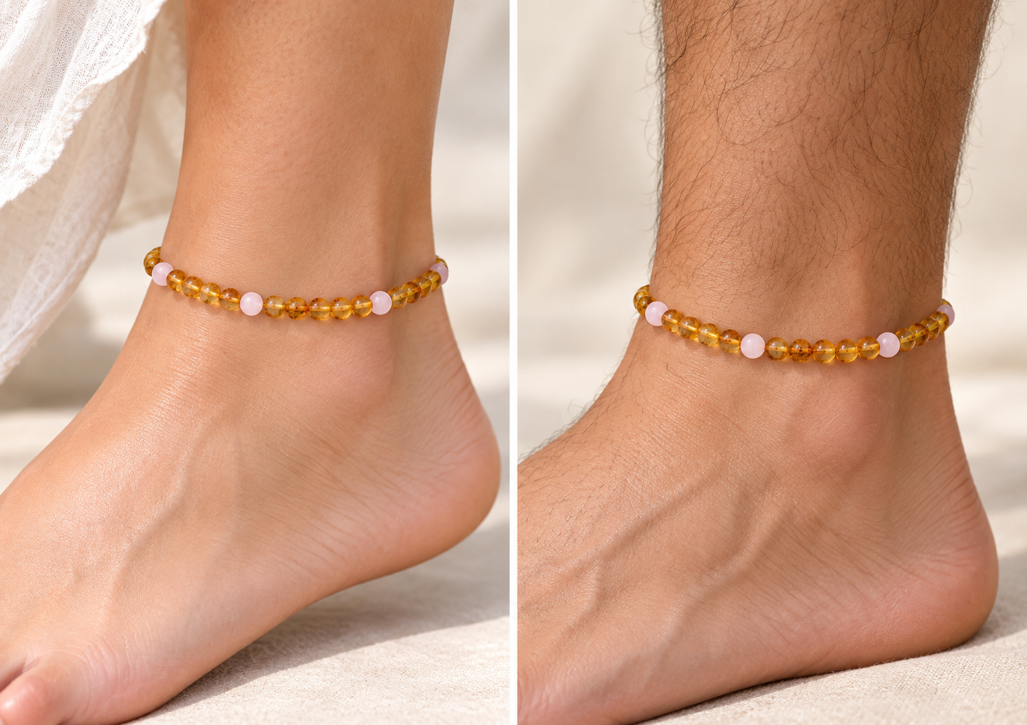 Honey Amber And Rose Quartz Anklet for Adults