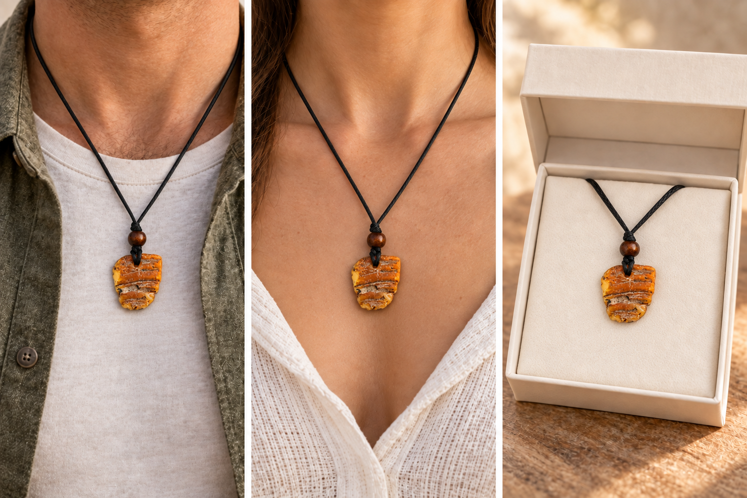 Natural Raw Baltic Amber Amulet Pendant with Wooden Bead