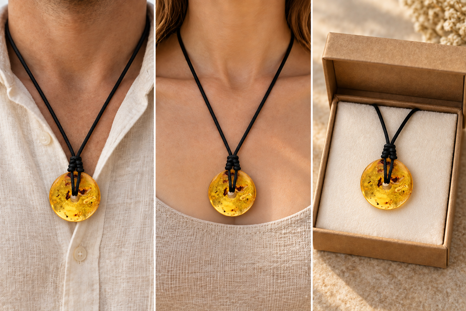 Large Natural Baltic Amber Donut Amulet Pendant with Insect Inclusion