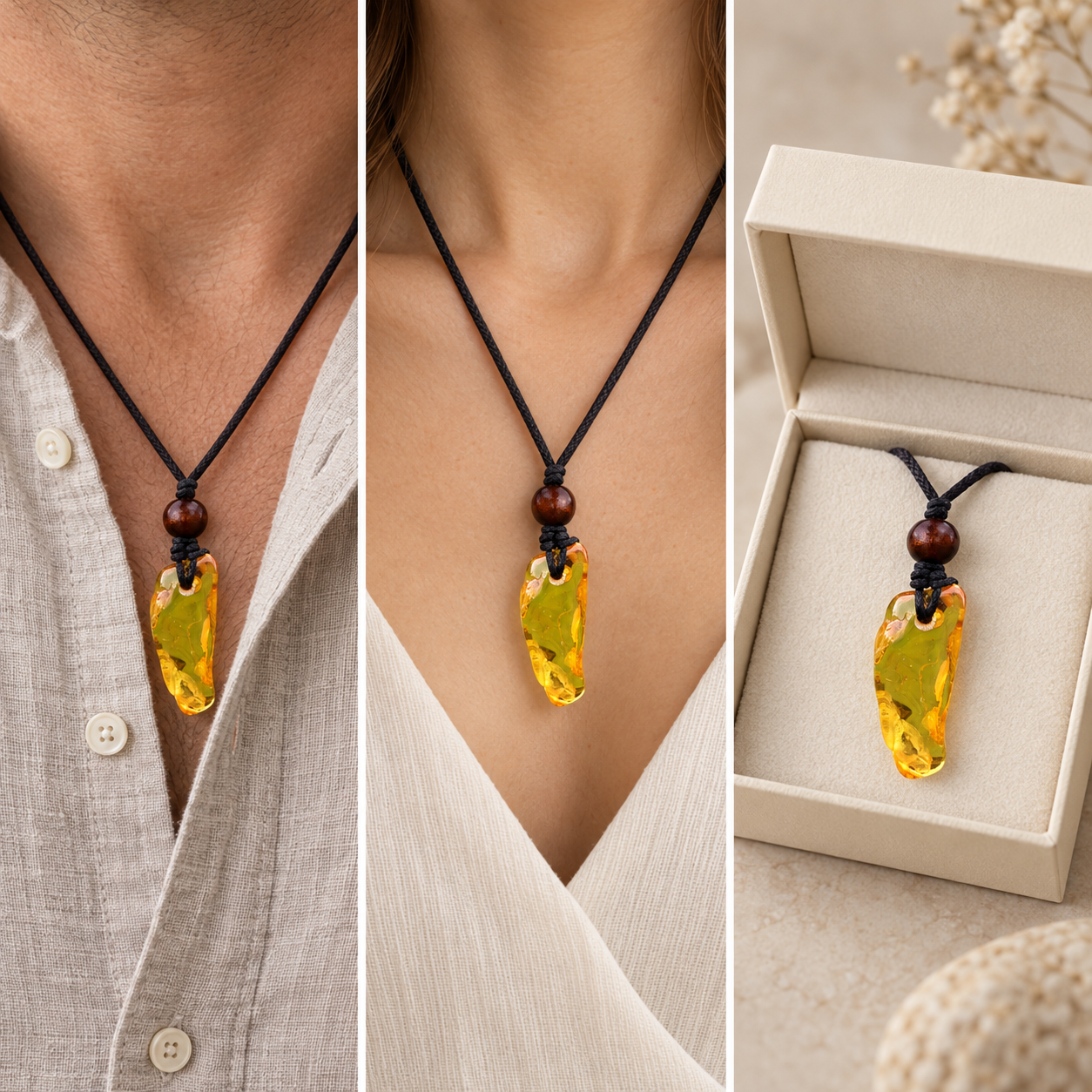 Baltic Amber Amulet with 3 Insect Inclusions & Wooden Bead –