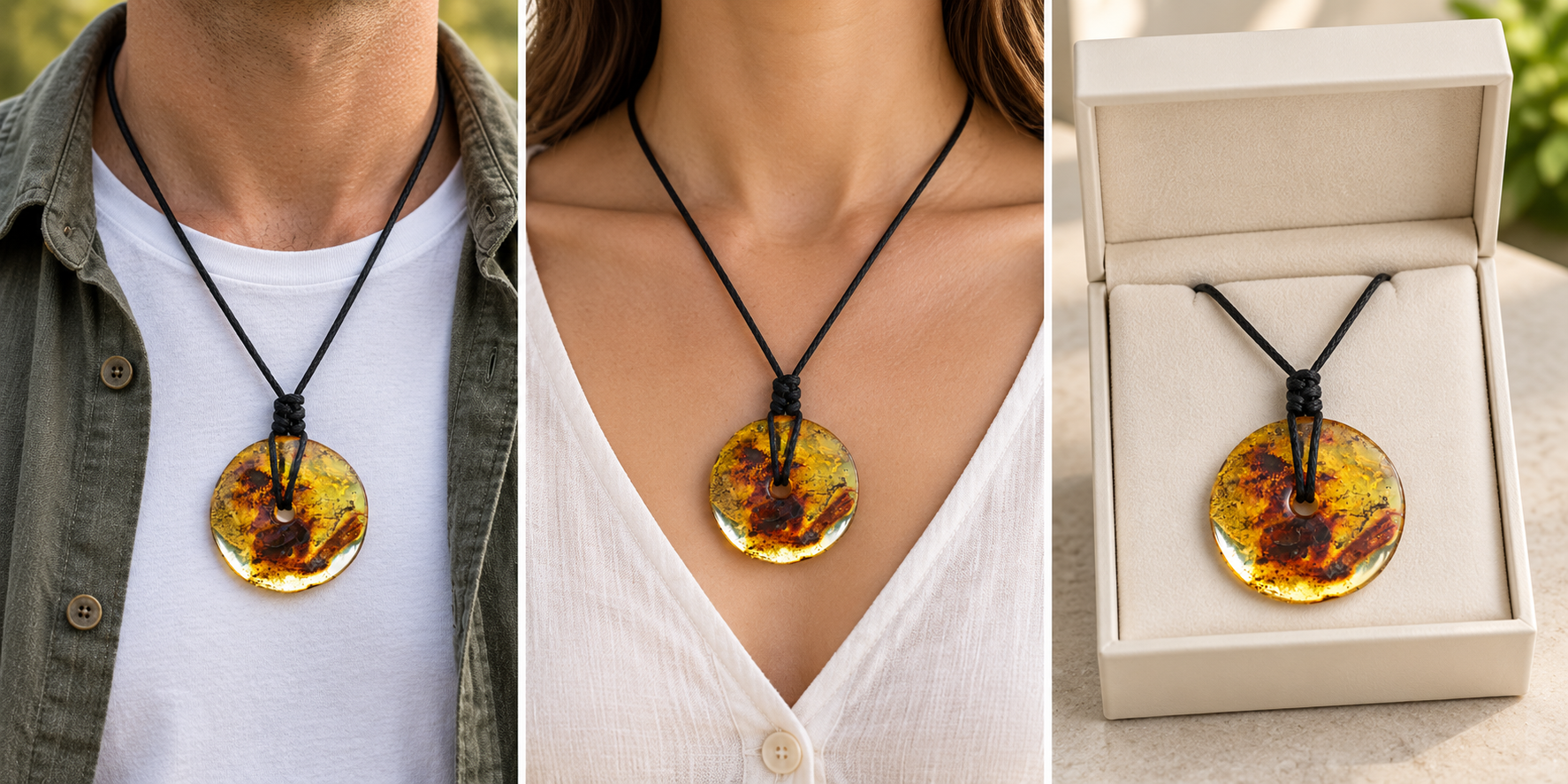 Large Natural Baltic Amber Donut Amulet Pendant with Tiny Insect Inclusion