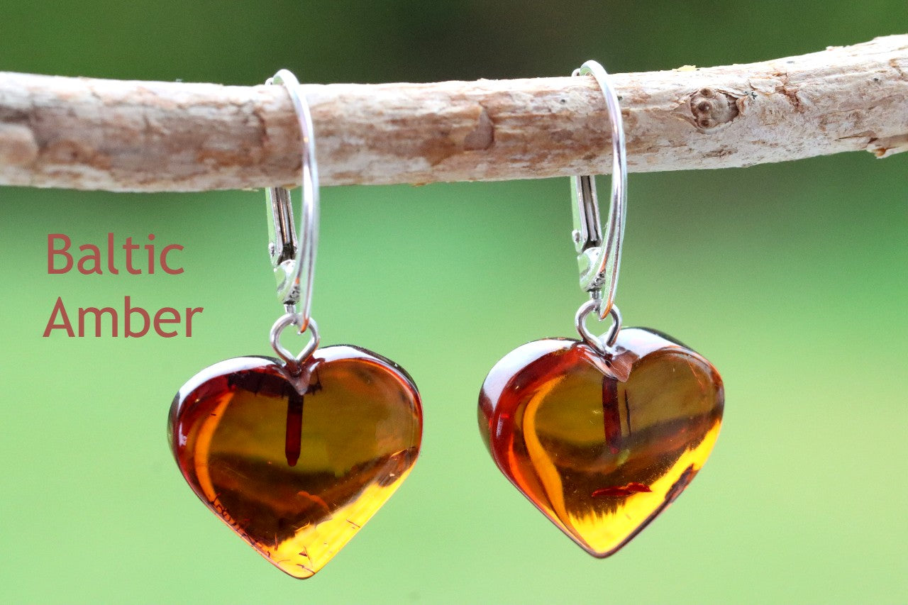 Gemstone Heart Baltic Amber Earrings