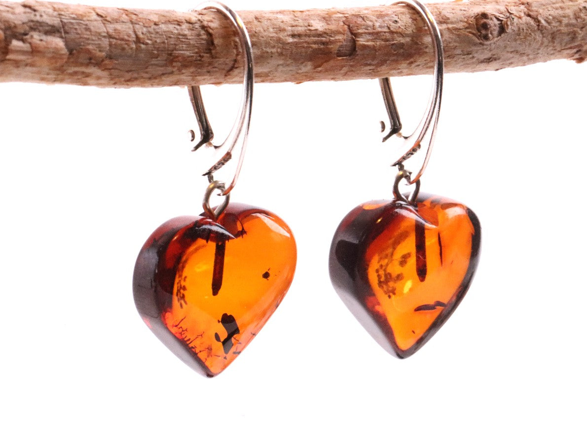 Gemstone Heart Baltic Amber Earrings