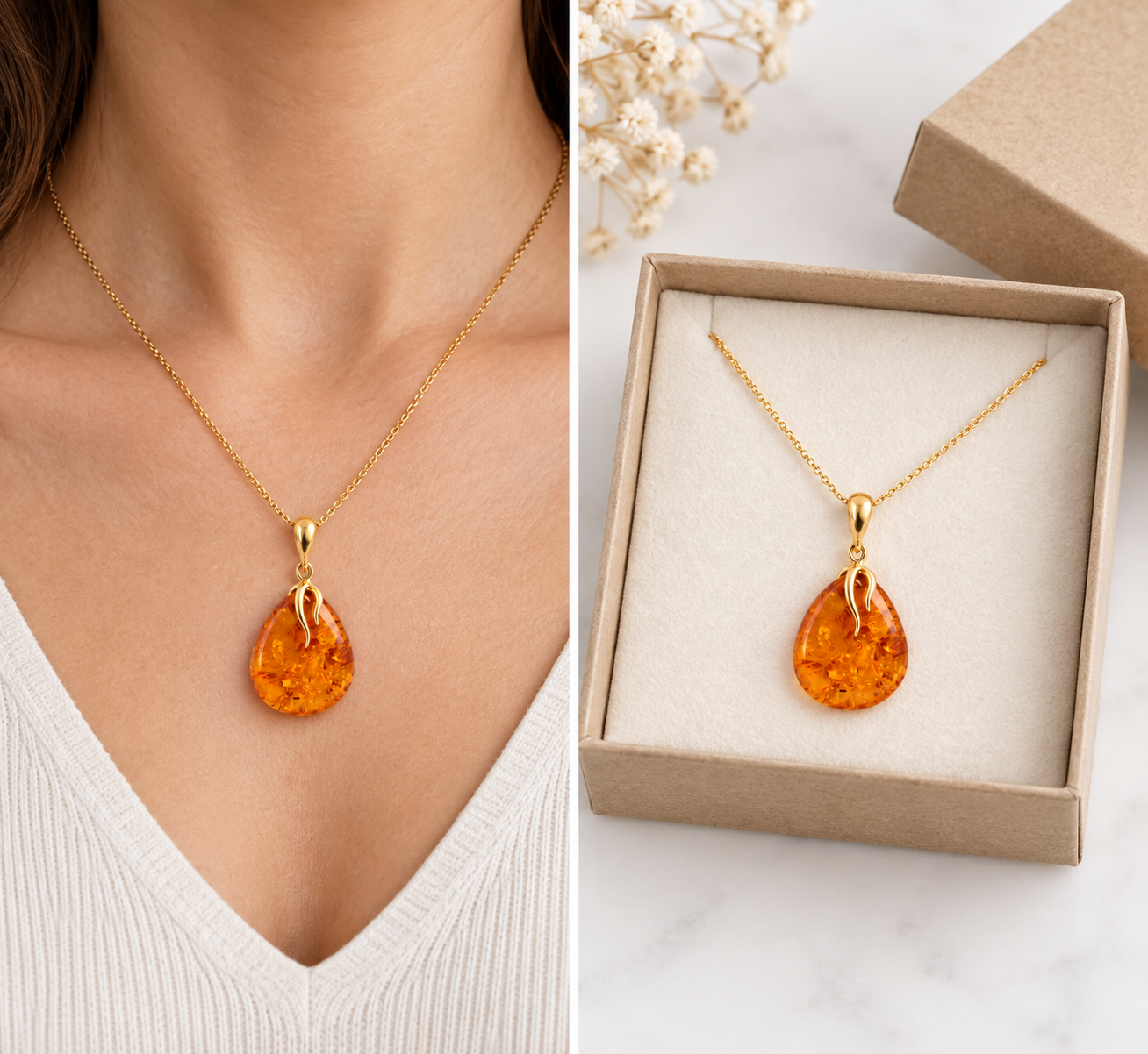 Radiant Baltic Amber Teardrop Pendant on Gold-Plated Silver Christmas Gift