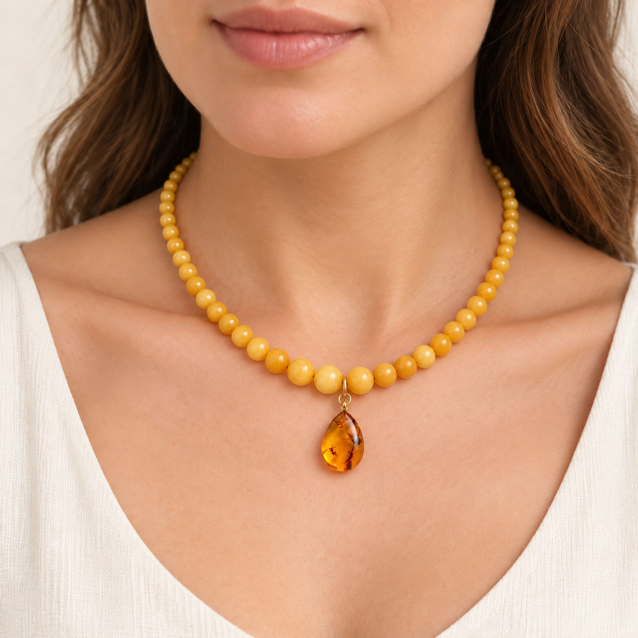 Exclusive Butterscotch Beeswax Baltic Amber Necklace with Gold-Plated Silver Pendant