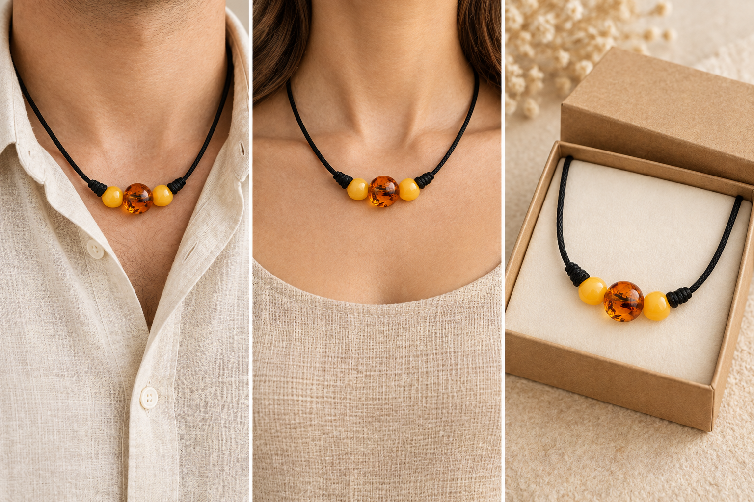 Baltic Amber Trio Amulet Necklace