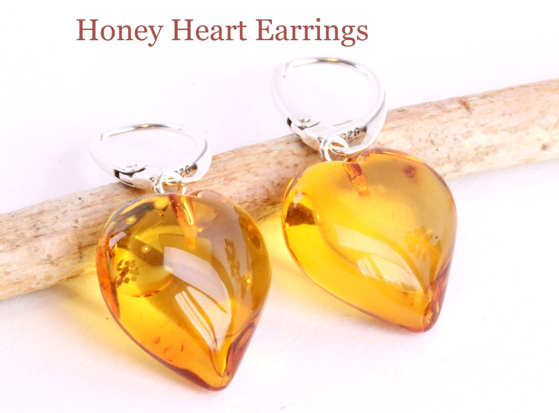 Gemstone Heart Amber Earrings.