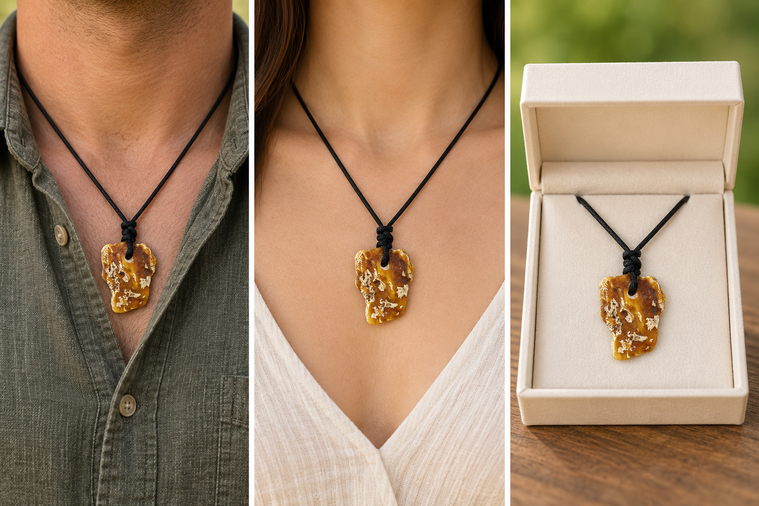 Natural Raw Baltic Amber Amulet Pendant on Adjustable Cord