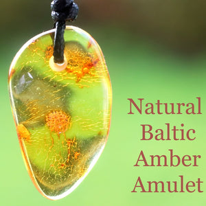 Natural Baltic Amber Amulet on a blurred green background with text.