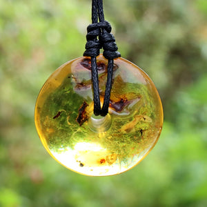 A round amber pendant necklace with a black cord, featuring inclusions of small insects and plant pieces inside a warm golden-yellow translucent amber disc, set against a blurred green natural background.