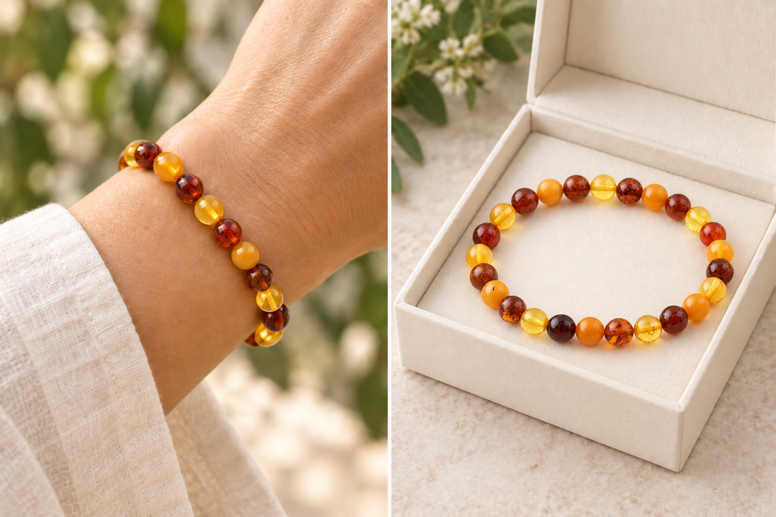 A split image showing a beaded bracelet worn on a wrist on the left, and the same bracelet displayed inside an open cream-colored jewelry box on the right. The bracelet consists of polished amber-yellow and dark reddish-brown translucent beads.