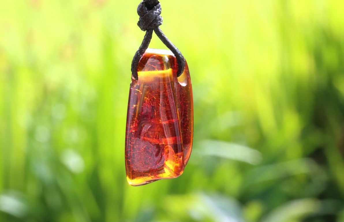 A polished amber pendant with a black cord, suspended against a blurred green outdoor background.