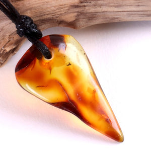 Pointed Amber amulet pendant on a black cord against a light background