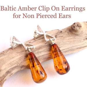 Baltic Amber Clip On Earrings for Non Pierced Ears on a wooden branch with text above.