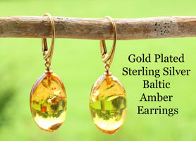 Gold platted sterling silver Baltic amber earrings on a branch with a green background