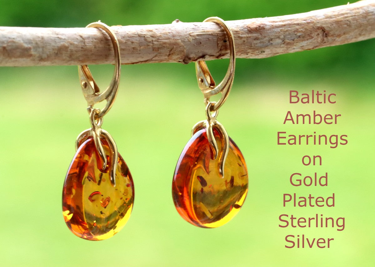 Baltic Amber Earrings on Gold Plated Sterling Silver with a natural background