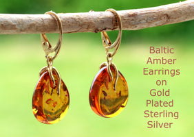 Baltic Amber Earrings on Gold Plated Sterling Silver with a natural background