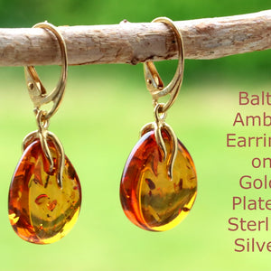 Baltic Amber Earrings on Gold Plated Sterling Silver with a natural background