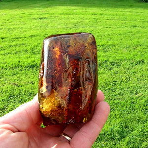 A hand holding a polished rectangular amber stone with natural inclusions, set against a bright green grassy lawn background.