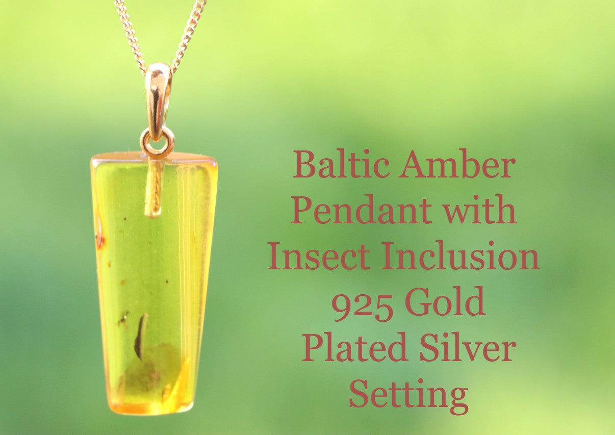 Natural Baltic Amber Pendant with Insect Inclusion – 925 Gold-Plated Silver Setting