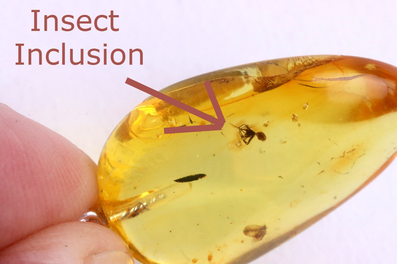 Golden Amber Pendant with Insect on Sterling Silver