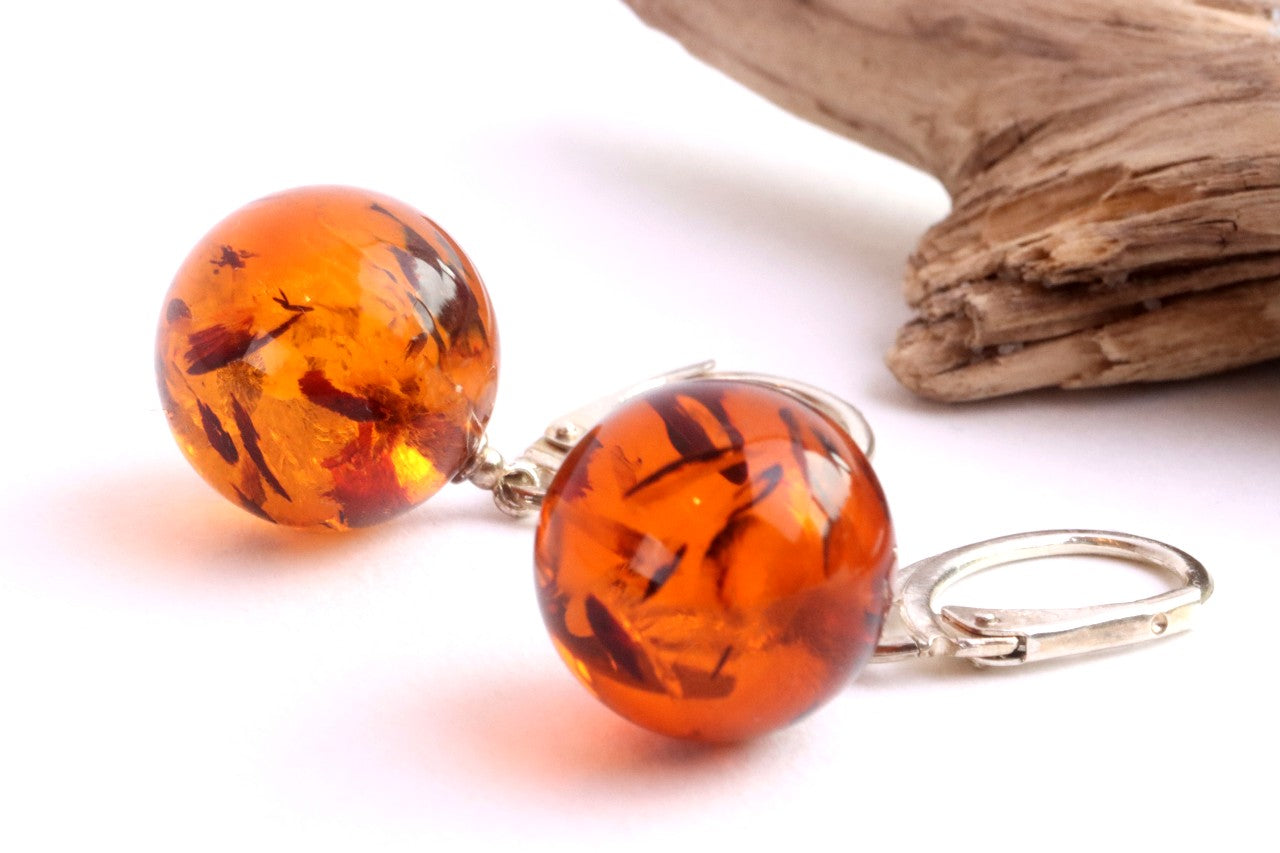 Perfect Round Baltic Amber Earrings on Sterling Silver