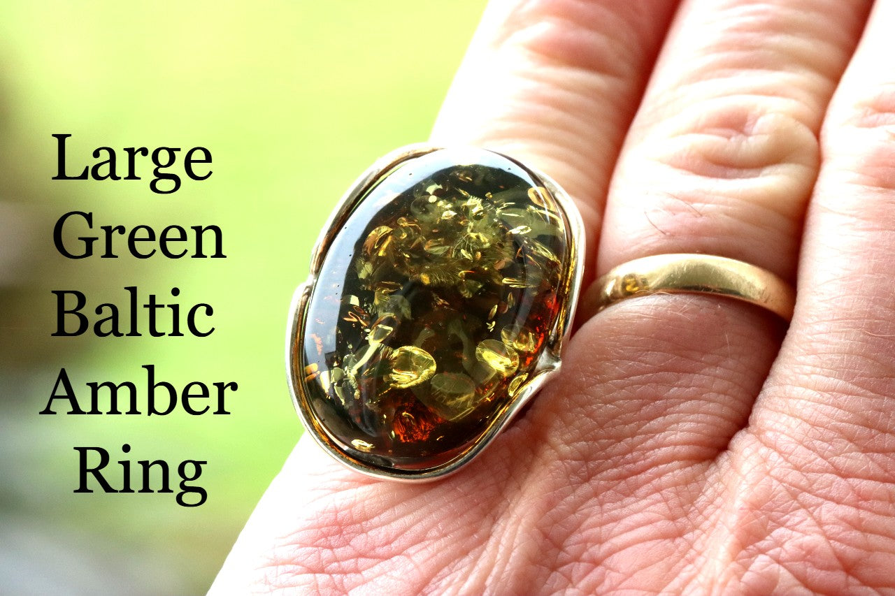 Large Green Baltic Amber Ring