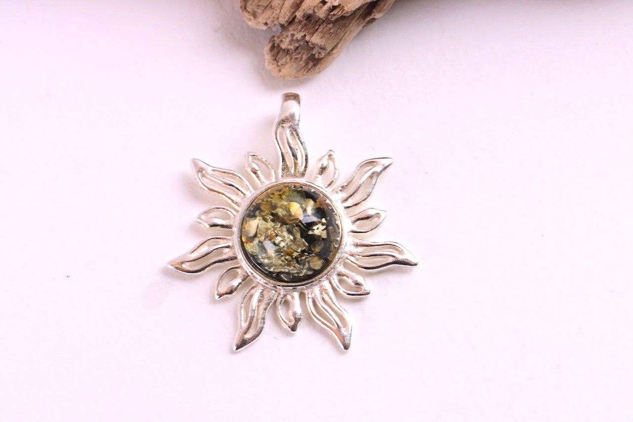 Radiant Sun Pendant – 925 Sterling Silver with Green Baltic Amber