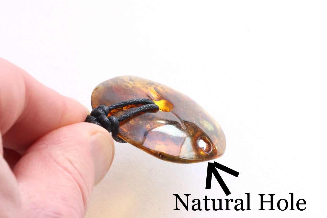 Large Natural Baltic Amber Donut Amulet Pendant with Tiny Insect Inclusion