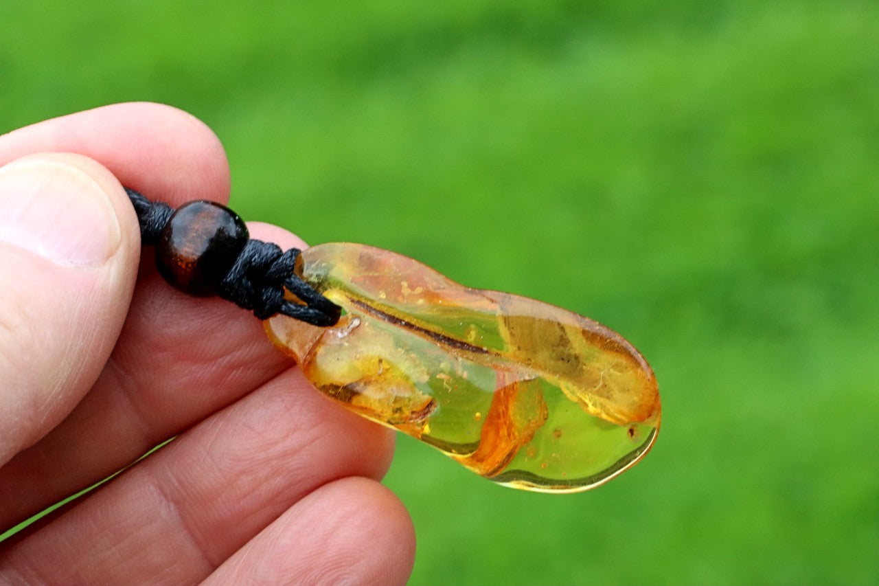 Baltic Amber Amulet with 5 Insect Inclusions & Wooden Bead