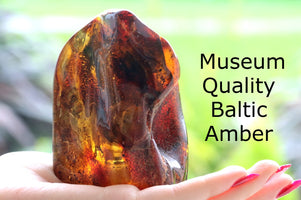 Large Amber Gemstone held in a hand with a blurred green background