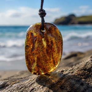 A polished amber oval pendant necklace with a black cord, resting on a wet rock with a blurred beach and ocean background.