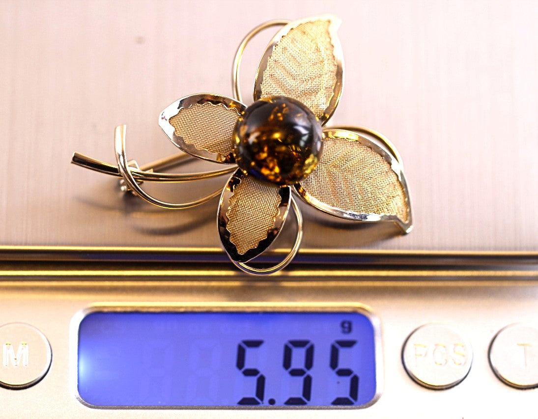 Gold Plated Sterling Silver Baltic Amber Brooch Christmas Gift