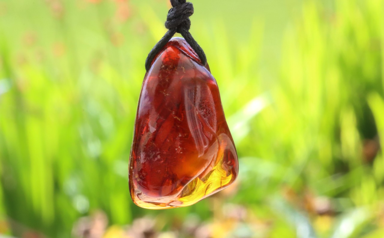 A polished amber-like stone pendant with a black cord, photographed outdoors against a blurred green grassy background.