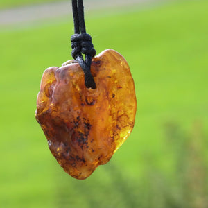 A raw, polished amber stone pendant with a black cord, shown in sharp focus against a blurred green outdoor background.