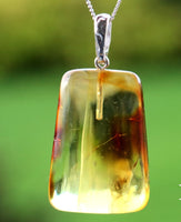 Amber pendant with silver chain on a green background