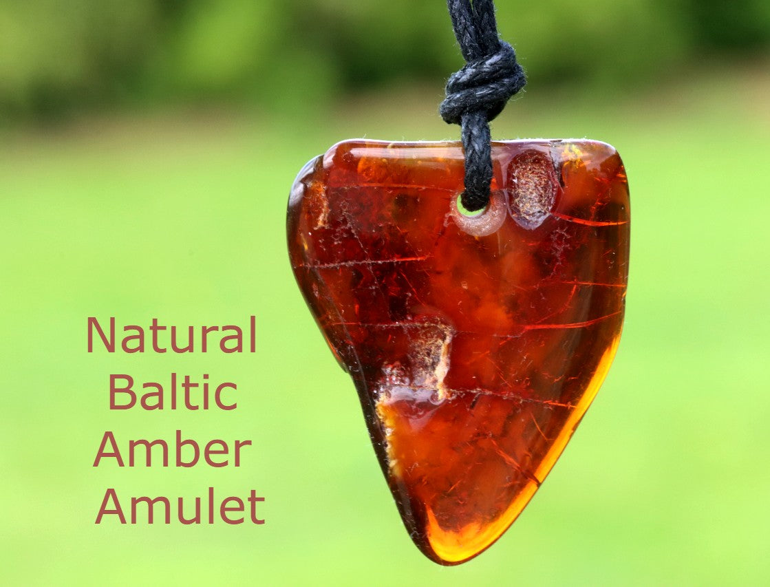 Natural Baltic Amber Amulet on a blurred green background
