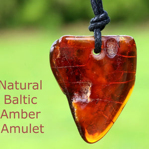 Natural Baltic Amber Amulet on a blurred green background